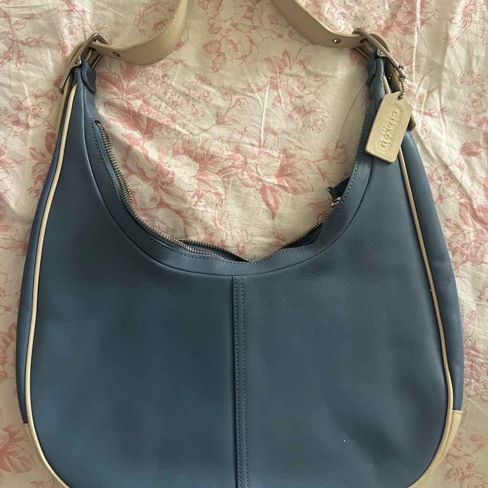 Coach Blue and Cream Leather Hobo Bag